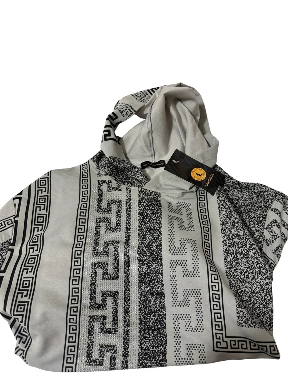 LAVERITA Graphic Pattern Hooded Sweatshirt in Black and Cream. New with tags